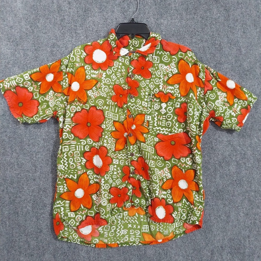 Vintage Roundy Bay Shirt Mens Large Green Floral Hawaiian Rayon Tropical Vaction